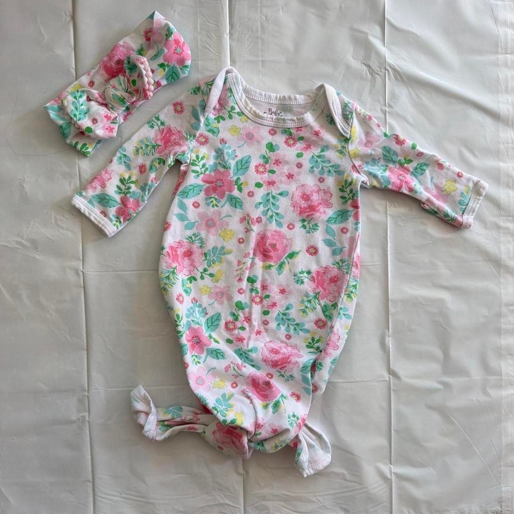 Soft pink and white floral‎ baby gown with headband